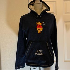 DISNEY POOH fleece vintage hoodie size M embroidery says “Just Pooh” on pocket